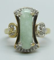 A silver gilt, jade and fourteen diamond designer ring, R