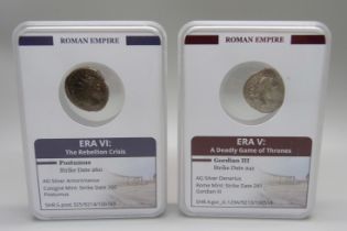 Coins; two silver Roman coins, Denarius 241AD and Antoninianus 260AD