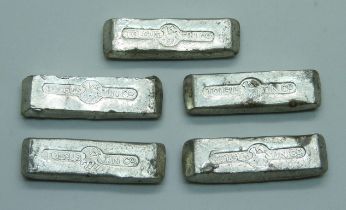 Five Cornish Tolgus Tin Company tin ingots, 83.4g
