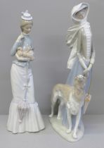 A Lladro figure of a lady with Borzoi, umbrella detached and a lady with a Pekinese