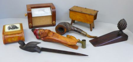 Wooden items including a vintage shot measure, doorstop, pipe, etc.