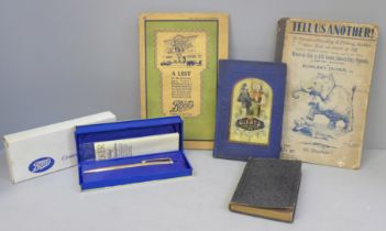 Three books, Tell Us Another, The Giants and How To Fight Them, a 19th Century prayer book, a