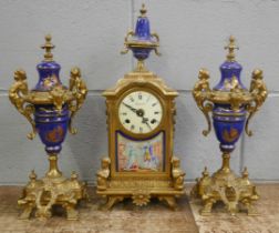 A French Sèvres style three piece gilt bronze and porcelain clock garniture, with decorative ceramic