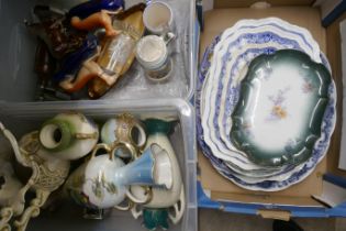 A Willow pattern blue and white serving plate, other serving plates and two other boxes of mixed
