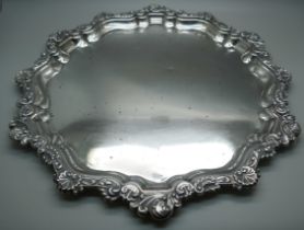 A silver platter, Birmingham rubbed marks but registered mark 376416, 801g