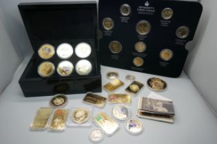 Seven gold plated 2012 Olympics 24ct gold plated ingots, other gold tone commemoratives and Her