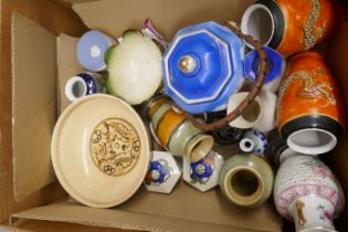 A pair of orange oriental vases and a box of decorative china **PLEASE NOTE THIS LOT IS NOT ELIGIBLE