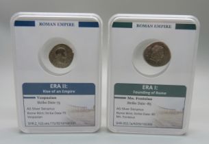 Coins; two Roman coins, silver Denarius, 85BC and 75AD