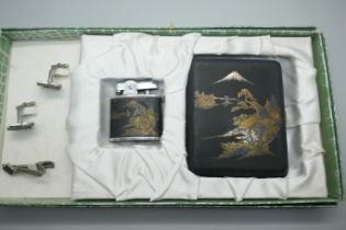 A Japanese Damascene cigarette case and lighter set