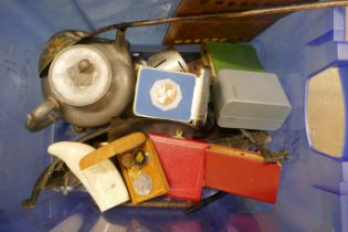 A box of metalware, three money boxes, coins, gentleman's wristwatch, etc. **PLEASE NOTE THIS LOT IS