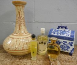 A large studio pottery vase, a Chinese lidded casket and three full perfume bottles including