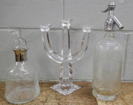 A glass soda syphon, Wadworth & Co, Devizes, crystal decanter and candlestick