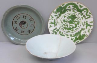 Two Chinese plates and a bowl, one plate and bowl a/f