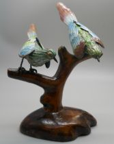 Two silver and enamel birds on stand, 13cm