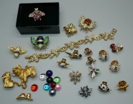 Tens small decorative pin clips in the designs of bees, parrots, ladybird, etc., one butterfly