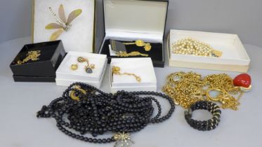 Five boxes of costume jewellery; two Alexandra Elliot egg charms, Lee Sands, two Joan Rivers Classic