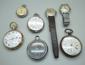Four pocket watches, a fob watch and two wristwatches