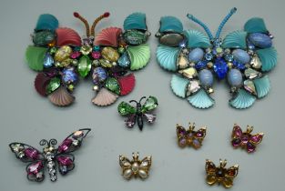 Two Butler & Wilson butterfly brooches, one with blue stones, diamanté and shell detail, a/f, one