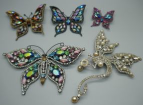 Five vintage Butler & Wilson brooches; a large white rhinestone and pearl dragonfly brooch, a/f, a