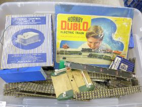 A collection of Hornby Dublo model rail, an EDG17 Electricc Train Set, track, etc.