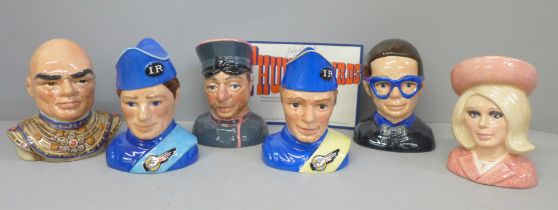 Six Beswick Thunderbirds ceramic busts; Lady Penelope, Parker, Brains, Scott and Virgil Tracy and