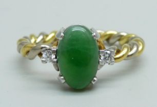 An 18ct gold, jade and diamond ring, 3.8g, M