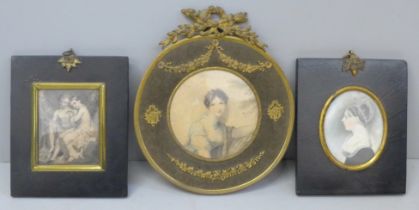 A 19th Century half portrait watercolour of a Regency lady in an ebonised frame, one other engraving