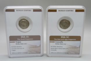 Coins; two Roman coins, silver Denarius, 100 and 213 AD