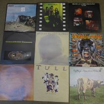 Twelve rock/prog rock LP records including Rush, Yes, Mike Oldfield, Marillion, Family, Pink