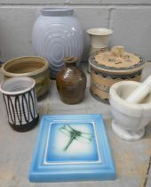 A Hornsea vase, studio pottery, an African tourist carved lidded pot, a pestle and mortar and a