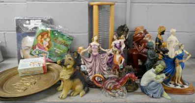 A collection of figures including Lladro seated ballerina, oriental figure, CD rack, Disney