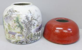 Two Chinese glazed cylinder shaped water pots, hairline crack to larger piece