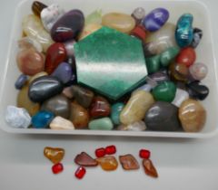 Assorted semi-precious stones, a malachite box, etc.