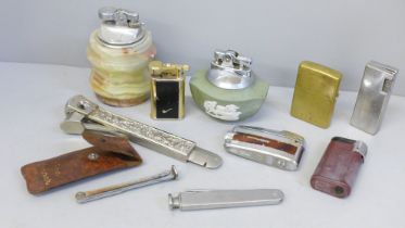 A Wedgwood Jasperware table lighter, other lighters, cigar cutters, etc.