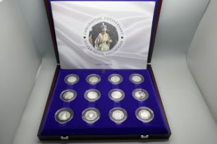 A Royal Mint Coronation Anniversary 50p Silver Proof Collection 1953-2003, complete, twelve coins,