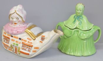 Two 1930s teapots, Old Woman Who Lived In A Shoe and one other