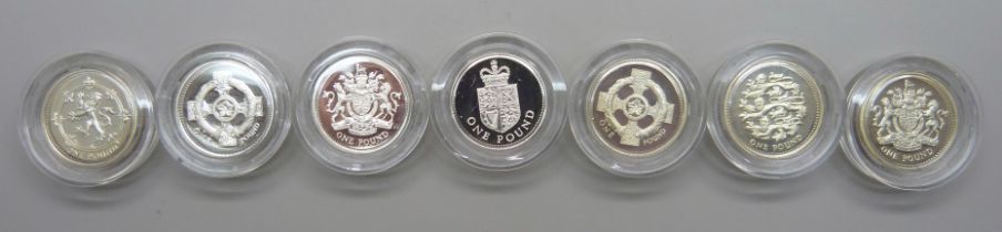 Seven silver £1 coins, 1988, '93, '96, '98, '99, 2001 and '02