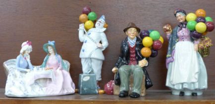 Four Royal Doulton figures; Afternoon Tea, The Balloon Man, Balloon Clown and Biddy Pennyfarthing