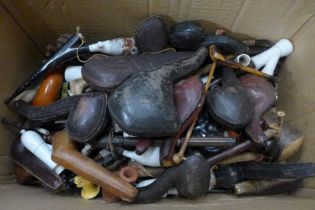 A collection of pipes including clay, Petersons, cheroot holders, empty pipe boxes, some pipes