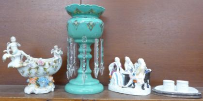 A green glass lustre, a continental figure group, an inkstand and a continental porcelain