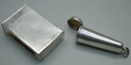 A silver cheroot holder case, a cheroot holder with 9ct gold mount and a silver matchbox cover,