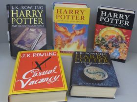 Five hardback first edition novels by J.K. Rowling; Harry Potter and The Order of The Phoenix (