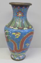 A Chinese blue cloisonne dragon pattern vase, 31.5cm, a/f