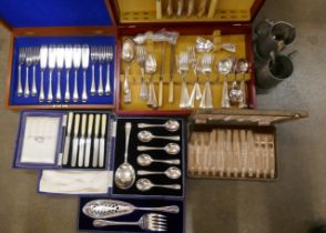 A Viners part canteen of cutlery, other plated and stainless steel cutlery, two pewter tankards,