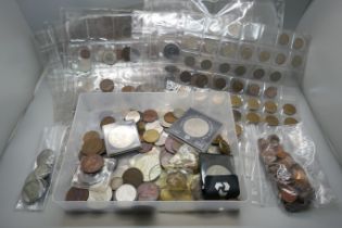 A collection of coins, 58g of half silver, a US 1818 one cent, a cartwheel penny and other British