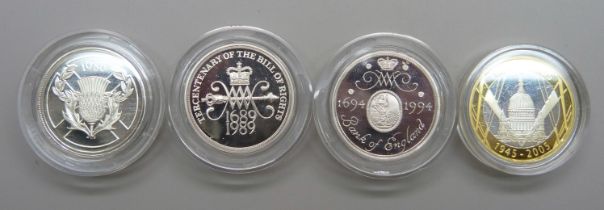 Four silver £2 coins, 1986, 1994, 1989 Bill of rights and 2005 WWII 60 Year commemorative