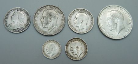 Six silver coins, 1915 half-crown, 1915 florin, 1914 shilling, 1898 shilling, 1918 sixpence and 1917