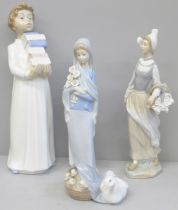 Two Lladro figures, both a/f, a Lladro figure of mother duck and ducklings and a Nao figure of a