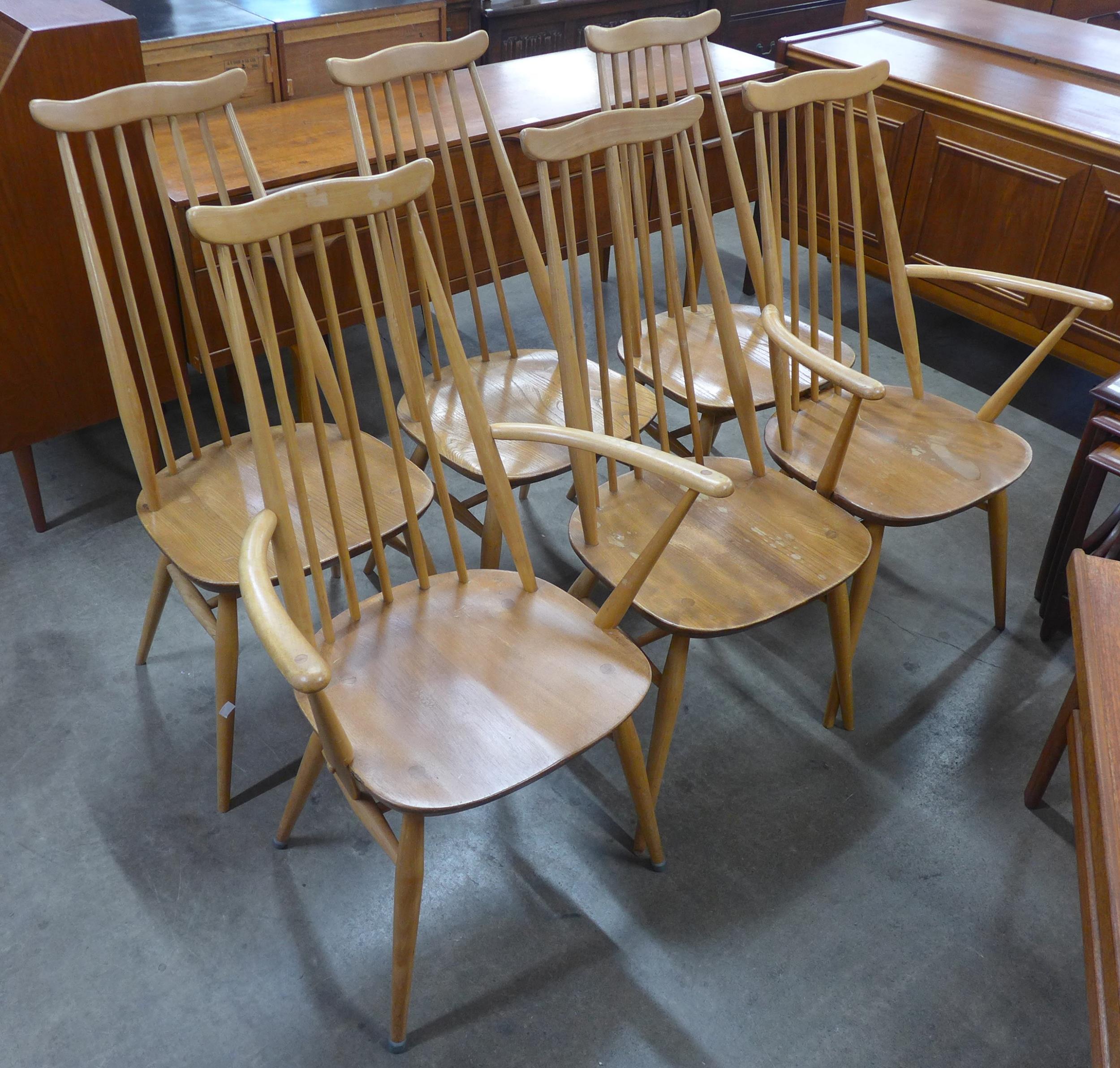 A set of six Ercol Blonde elm and beech Goldsmith chairs