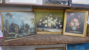 Three oils on canvas; two still lifes and a river scene